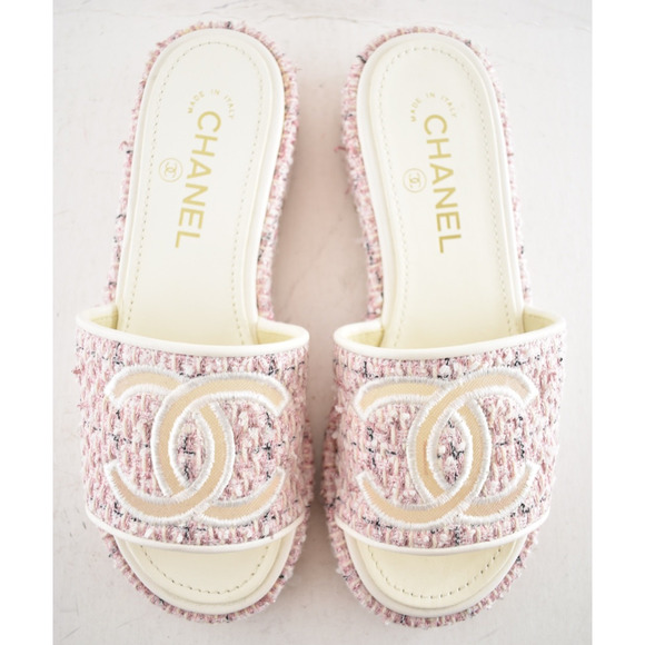 Chanel 20P Pink White Tweed Mesh CC Logo Slide Slip On Sandal Mule Heel Flat 36 - Picture 10 of 15